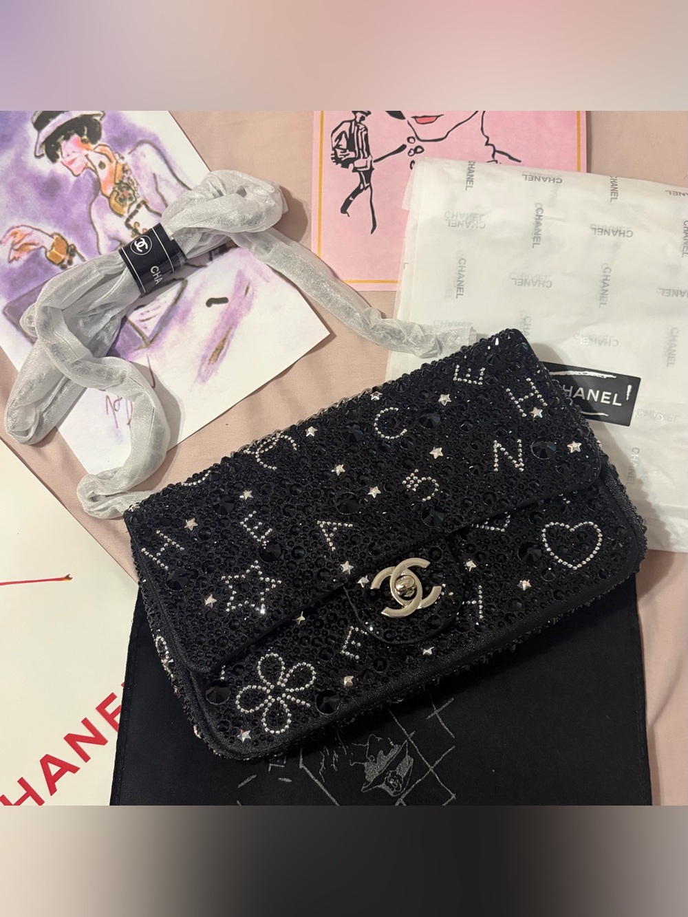 Fashion Classic Flap Black Crystal-Strass Mini Leather CC Flap Shoulder Bag